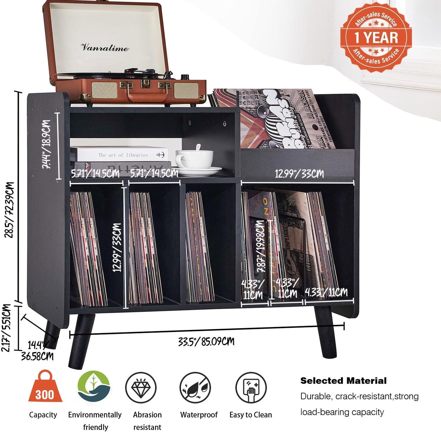 Record Player Stand, Large Record Player Table Cabinet with Open Vinyl Storage and Display Shelf Holds up to 350 Albums, Mid Century Wood Turntable for Living room