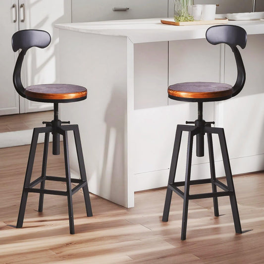 Diwhy Industrial Bar Stools,Kitchen Dining Chair,Wood Top Stool,Adjustable Height Swivel Counter Height Bar Chair with Metal Backrest,Black,Fully Welded Set of 2 (Brown Wooden Top with Iron Backrest)
