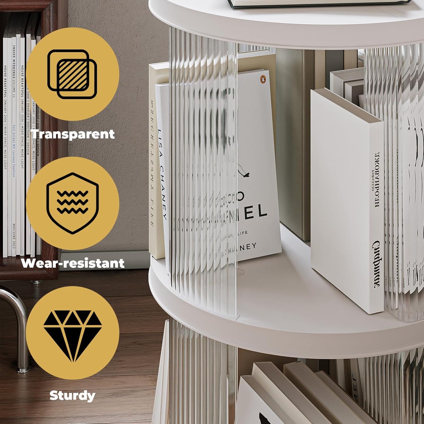 4 Tier Rotating Bookshelf Spinning Bookshelf Tower Swivel Bookcase Round Book Shelf for Small Space Revolving Bookcase for Playroom Bedroom Living Room