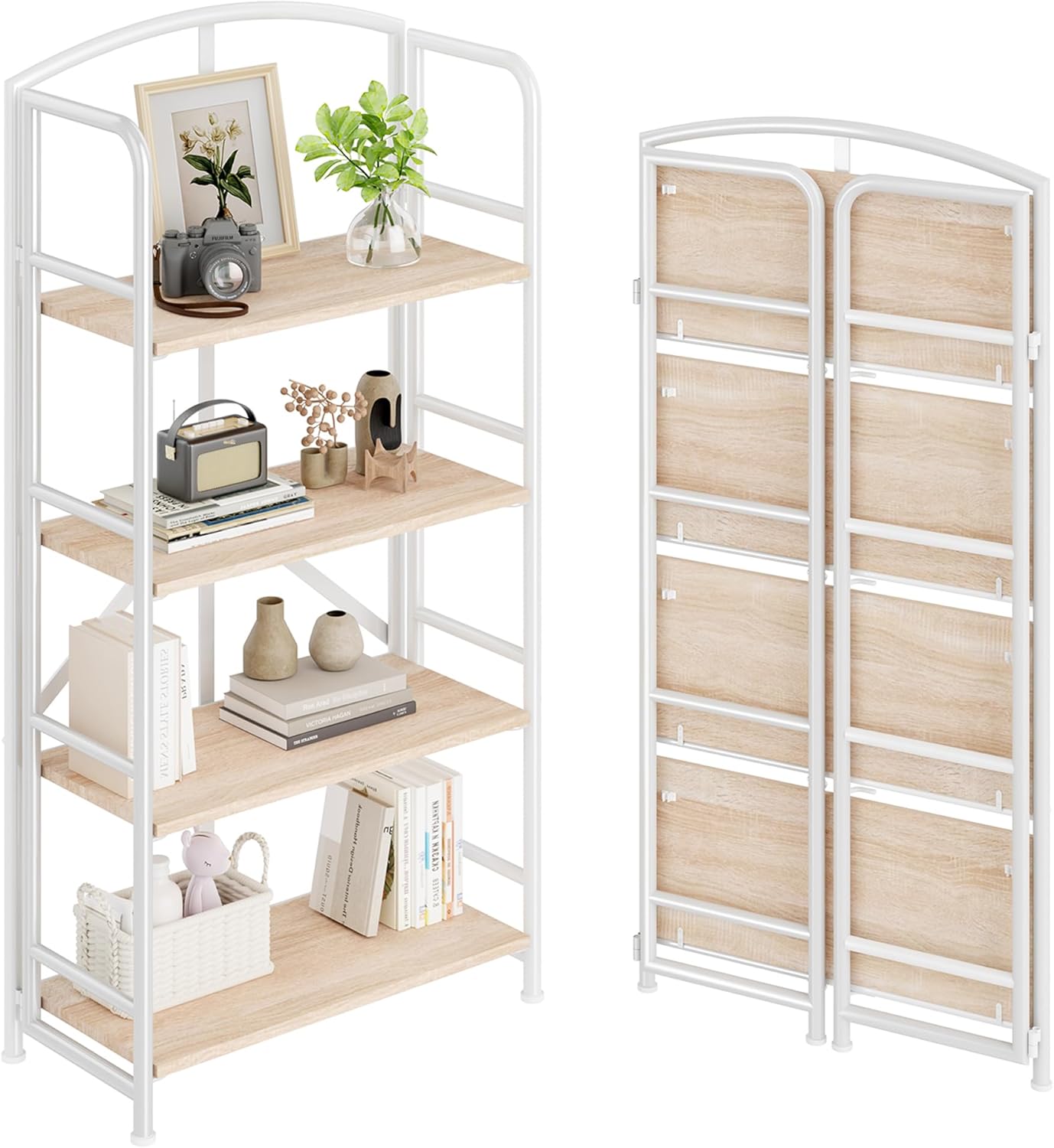No-Assembly Folding Bookshelf Storage Shelves 4 Tiers Vintage Multifunctional Plant Stand Storage Rack Shelves Bookcase for Home Office