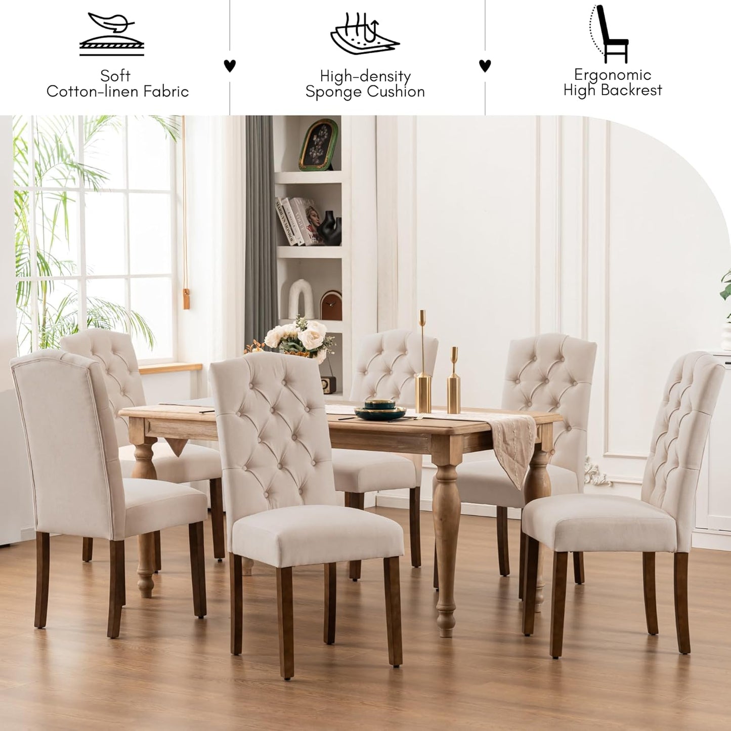 Tufted Upholstered Parsons Dining Chair Set Fabric Diner Accent Stylish Modern Kitchen Living Room with Button Sturdy Solid Wood Legs
