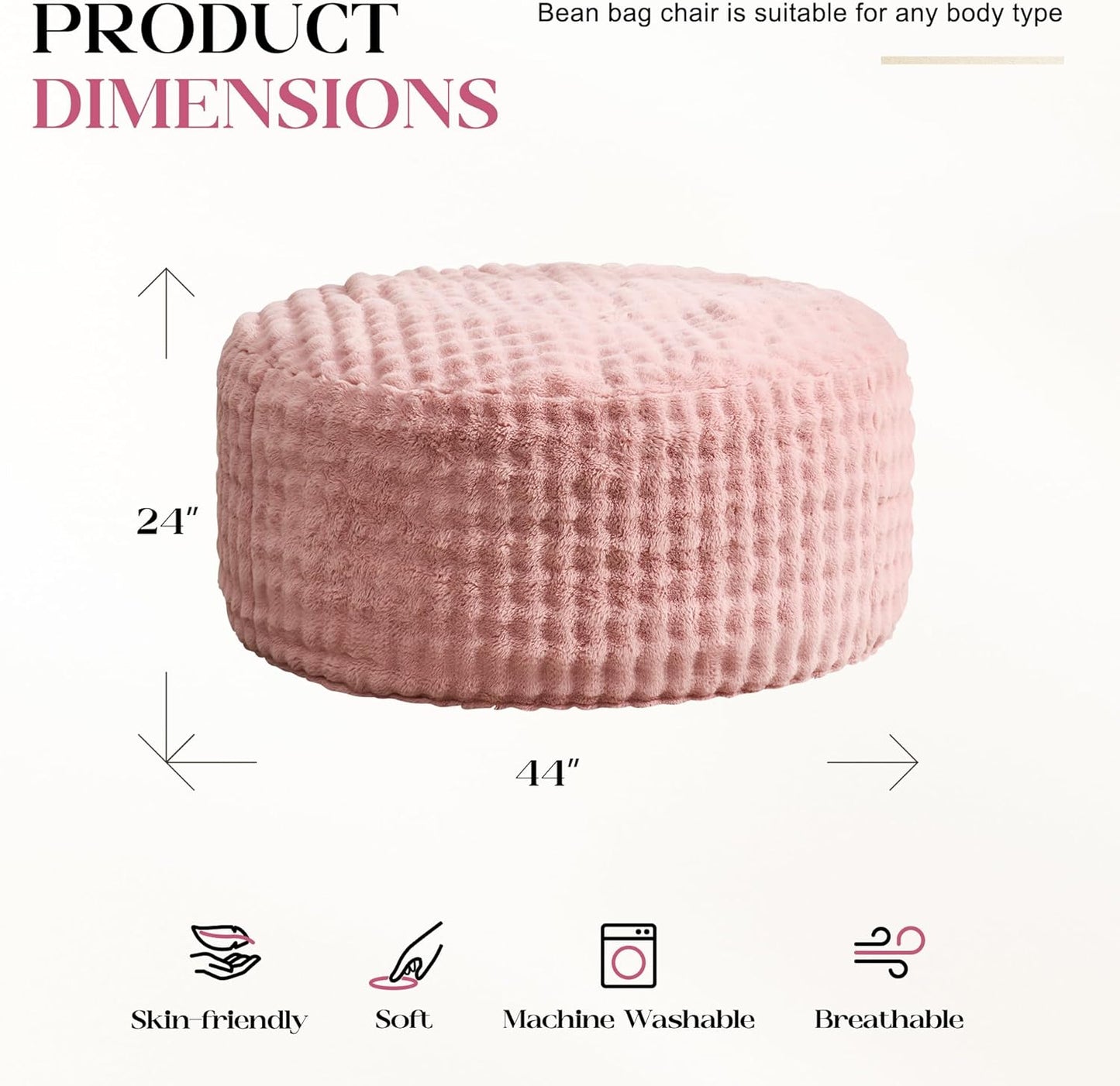 Hobestluk Bean Bag Chairs 4ft Beanbag Chair with Filler Adult Bean Bags with Fluffy & Machine Washable Cover, Giant Bean Bag Chairs for Adults (Pink, 4FT-44" x 44" x 24")