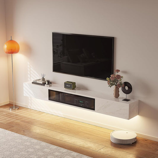 High Gloss Floating TV Stand,70'' Wall Mounted TV Console,Under TV Floating Shelf,Floating TV Cabinet with 3 Doors for Bedroom Living Room(White)