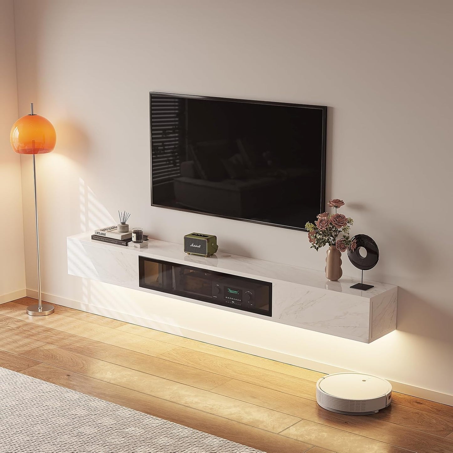 High Gloss Floating TV Stand,47'' Wall Mounted TV Console,Under TV Floating Shelf,Floating TV Cabinet with 3 Doors for Bedroom Living Room,White