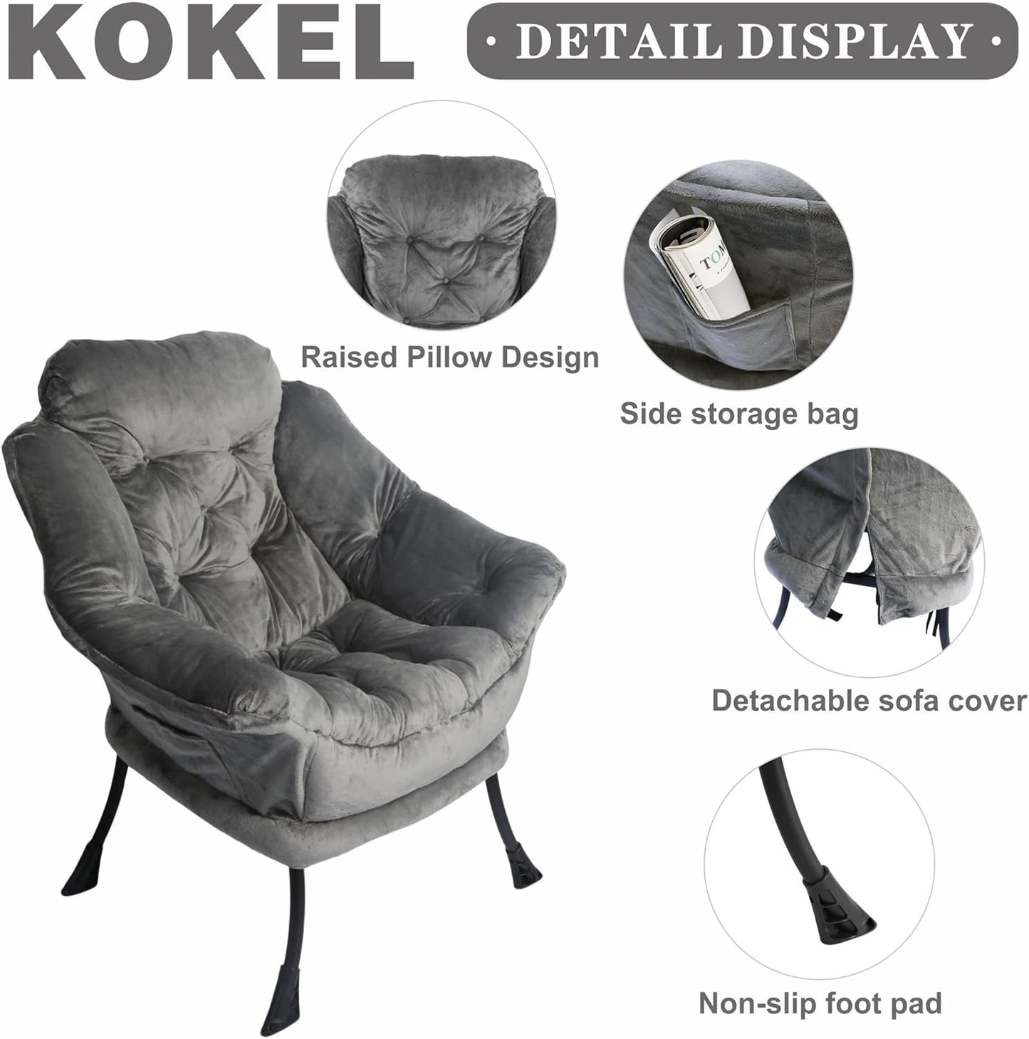 Kokel Lazy Chair with Folding Ottoman,Living Room Chairst (Dark Gray-1118)