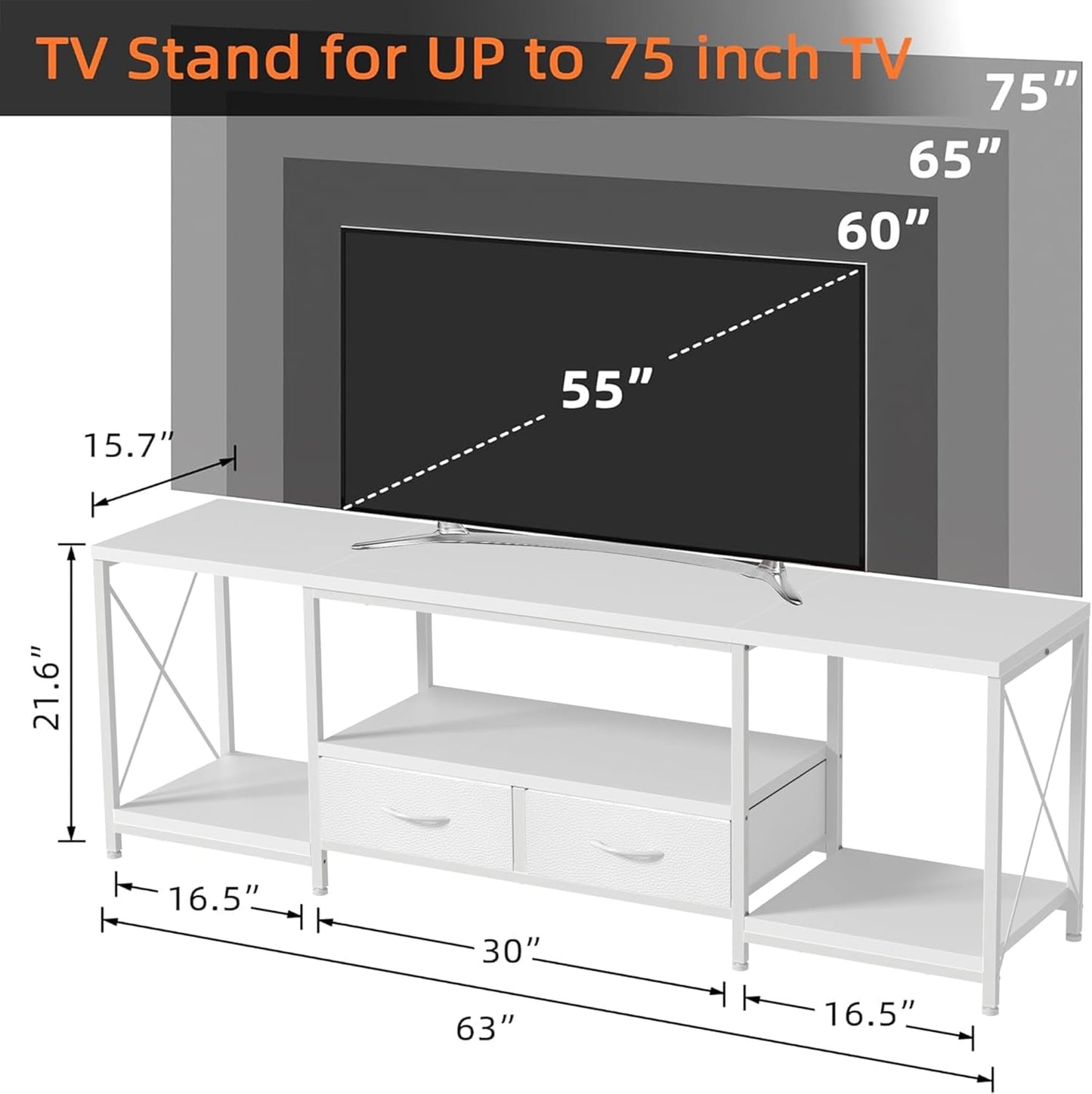 TV Stand with Fabric Drawer for 65 70 75 Inches TV - Entertainment Center and Industrial TV Console Table with Open Storage Shelves for Living Room, Bedroom - 63" White