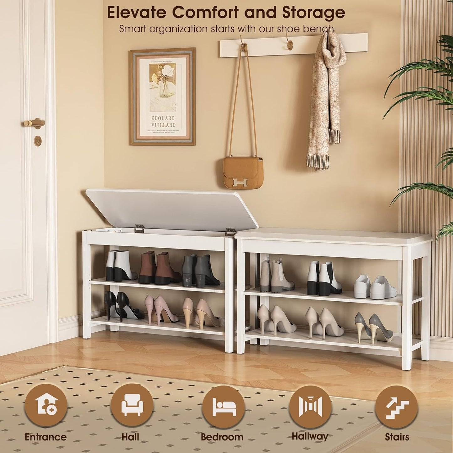 Shoe Rack Bench Seat Rubberwood 2-Tier Wooden Storage Bench 550lbs Compact Mid-Century Modern Design for Entryway, Hallway, Closet, Front Door Entrance, Foyer