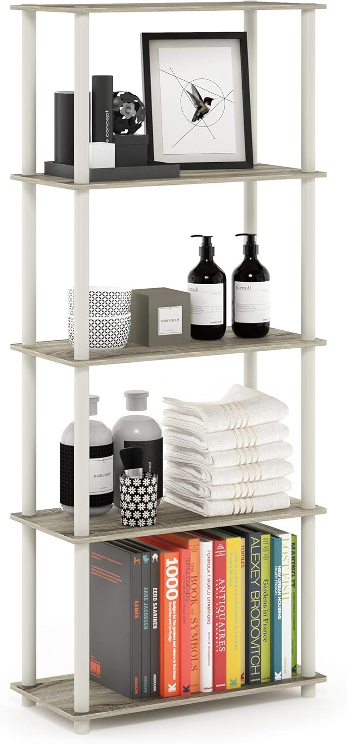 Furinno Turn-N-Tube 5-Tier Multipurpose Shelf / Display Rack / Storage Shelf / Bookshelf, Round Tubes, Sonoma Oak/White
