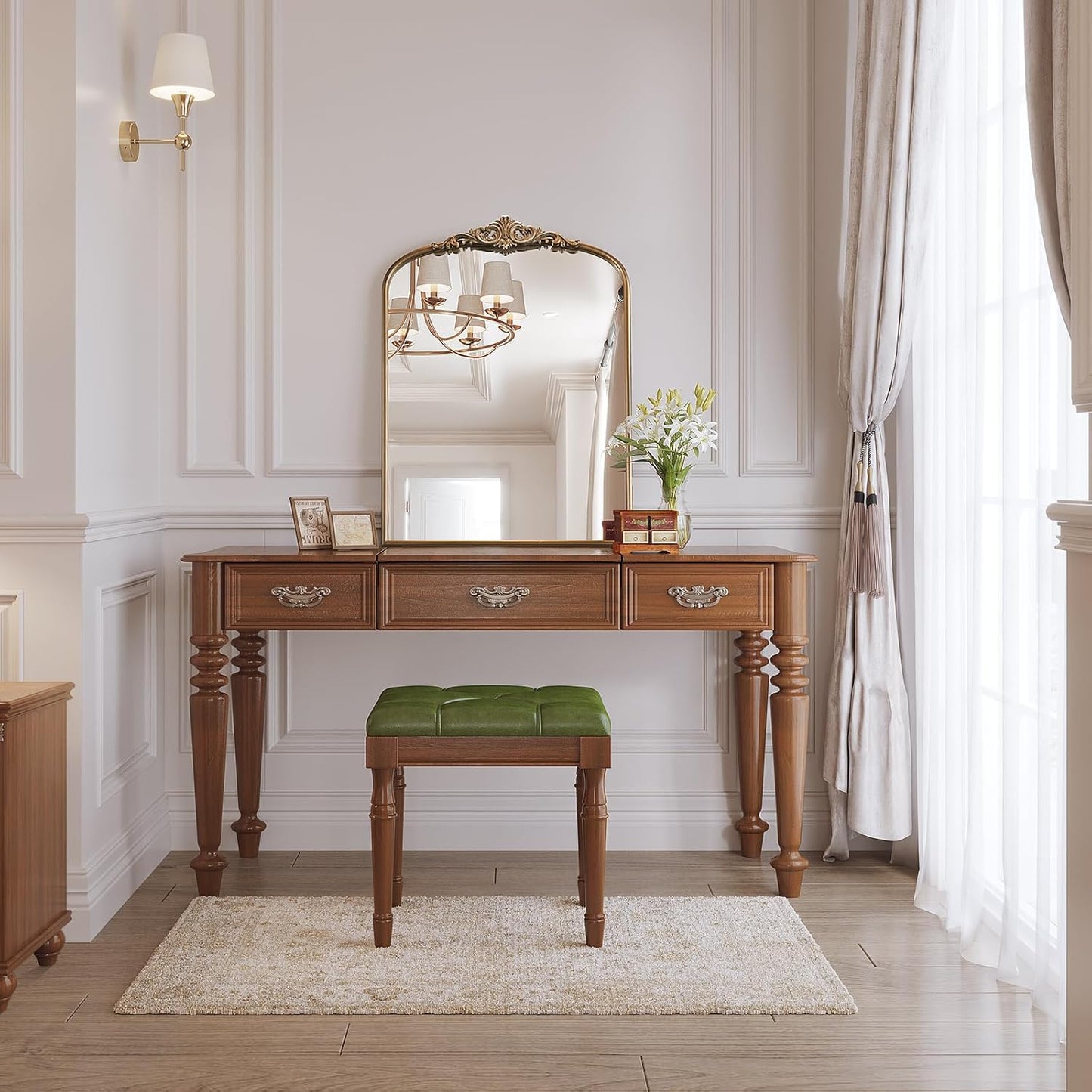 Arched Antique Wall Mirror, 24"x32" Vintage Gold Bathroom Vanity Mirror, Ornate Arch Bronze Mirror for Over Sink/Fireplace/Entryway