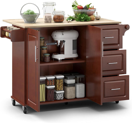 Rovibek 53" Kitchen Island on Wheels with Drawers - Large Rolling Island Cart with Storage, Cabinet, Spice Rack, and Towel Holder