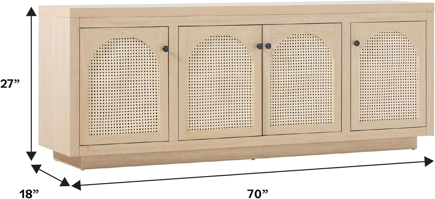 Walker Edison Sasha 4-Door Sideboard Buffet with Arched Rattan Panels, 70 Inch, Coastal Oak