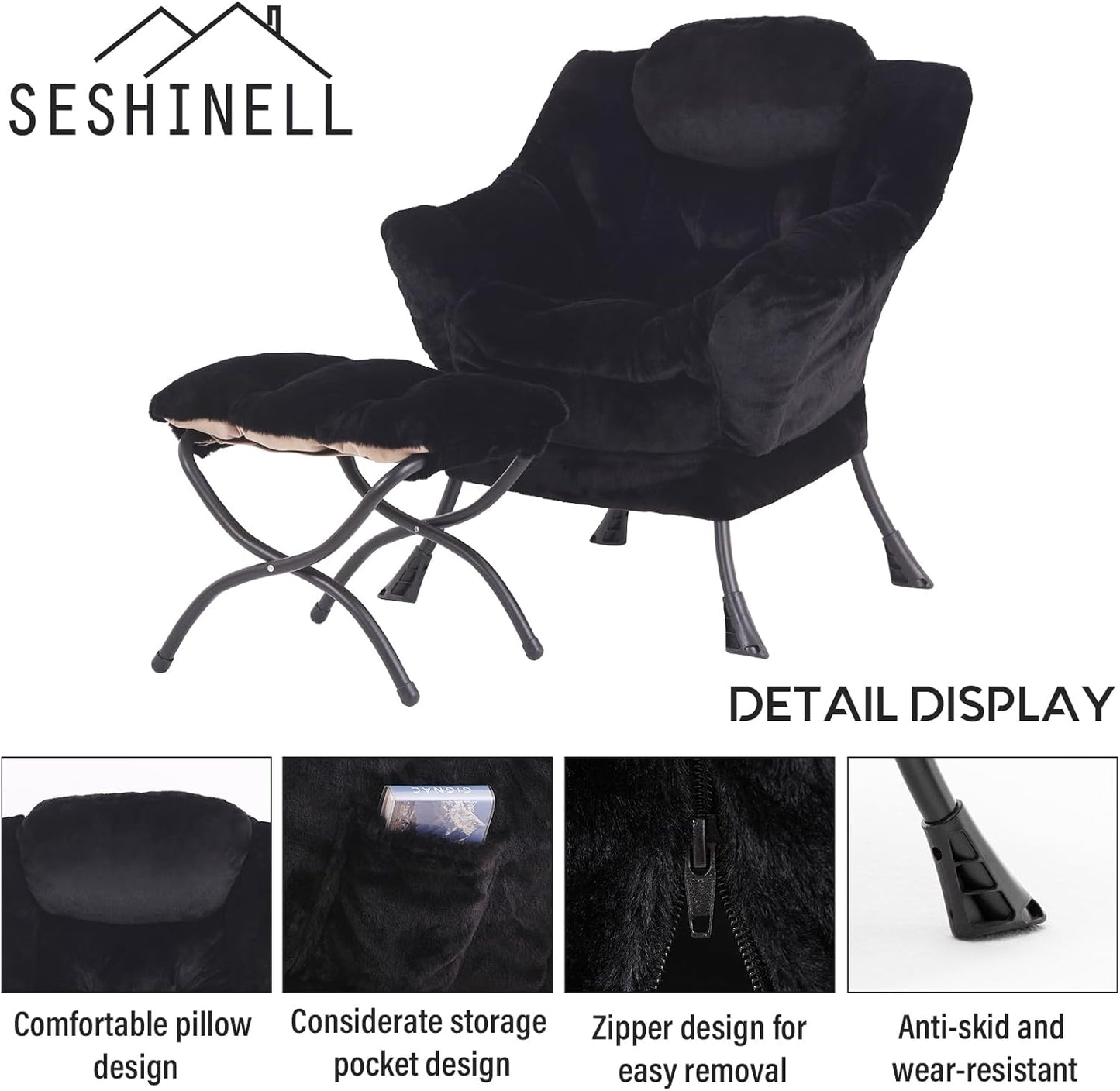 Lazy Chair with Ottoman, Modern Accent Chair Lounge Leisure Sofa Chair with Armrests, Reading Chair and Folding Footstool for Living Room, Bedroom, Office, Plush Black