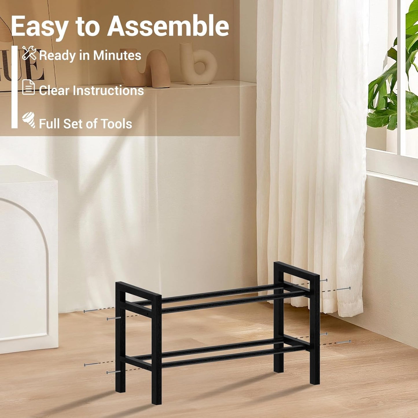 Haddockway Bamboo Shoe Rack for Closet, Free Standing Shoe Organizer with Smooth Round Rods & Convenient Handles, Stackable Shoe Storage Shelf for Entryway, Hallway(Black, 2-Tier(Small))