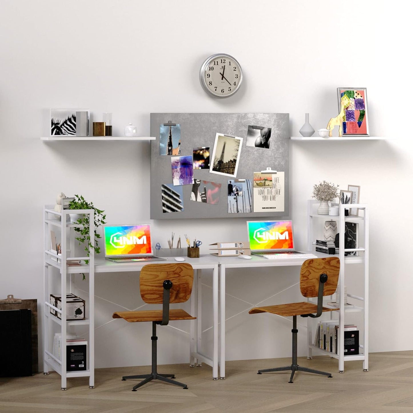 4NM 35" Small Computer Desk with 4-Tier Bookshelf, Home Office Desk Writing Workstation Study Table Multipurpose for Small Space Work - All White