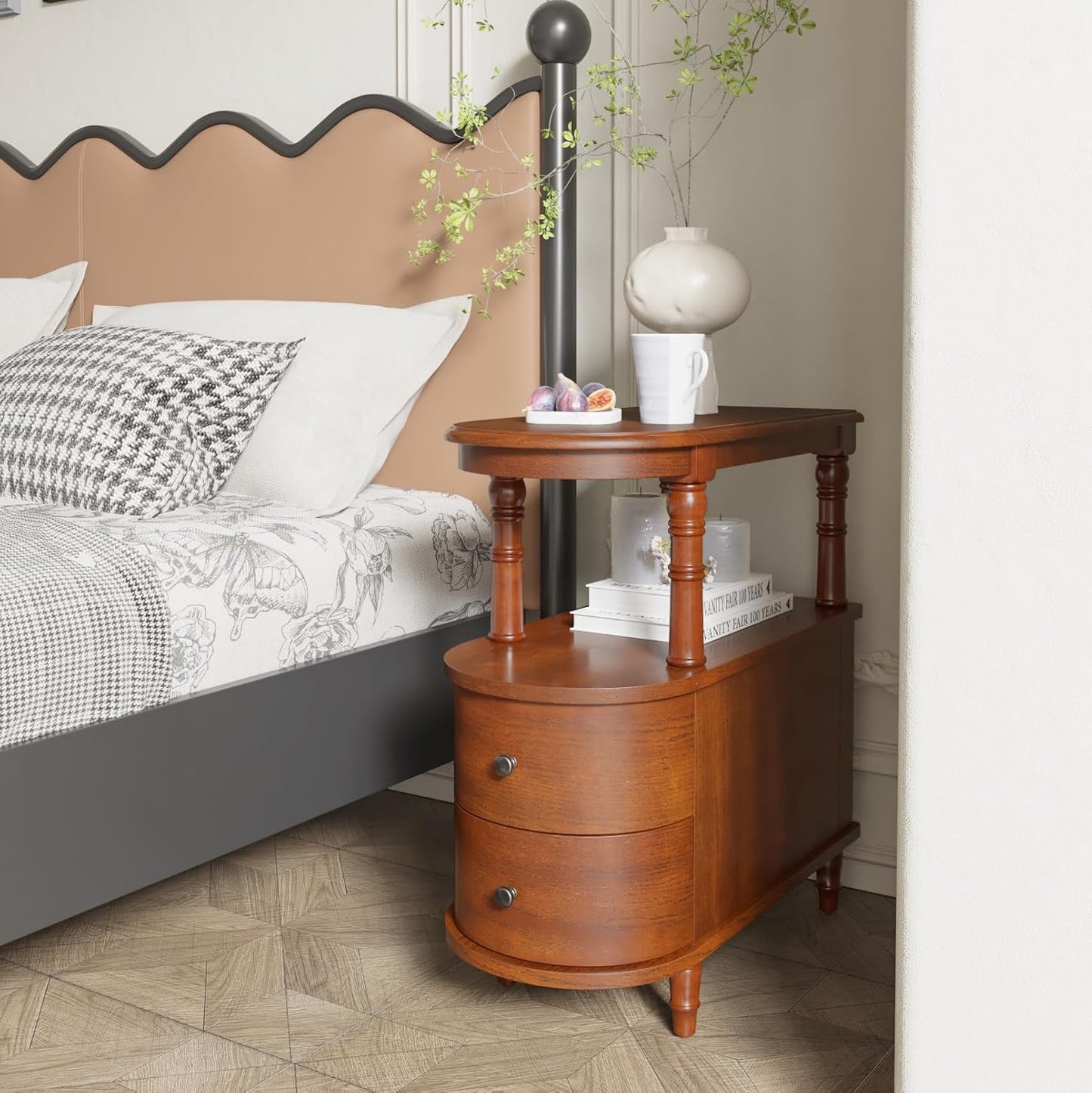 Wood End Table with 2 Drawers and Storage Shelf, Narrow Sofa Side Table for Living Room, Vintage Slim Nightstand Bedside Table for Bedroom, Slim Chair Side Table Cherry Brown BG-A508-MG