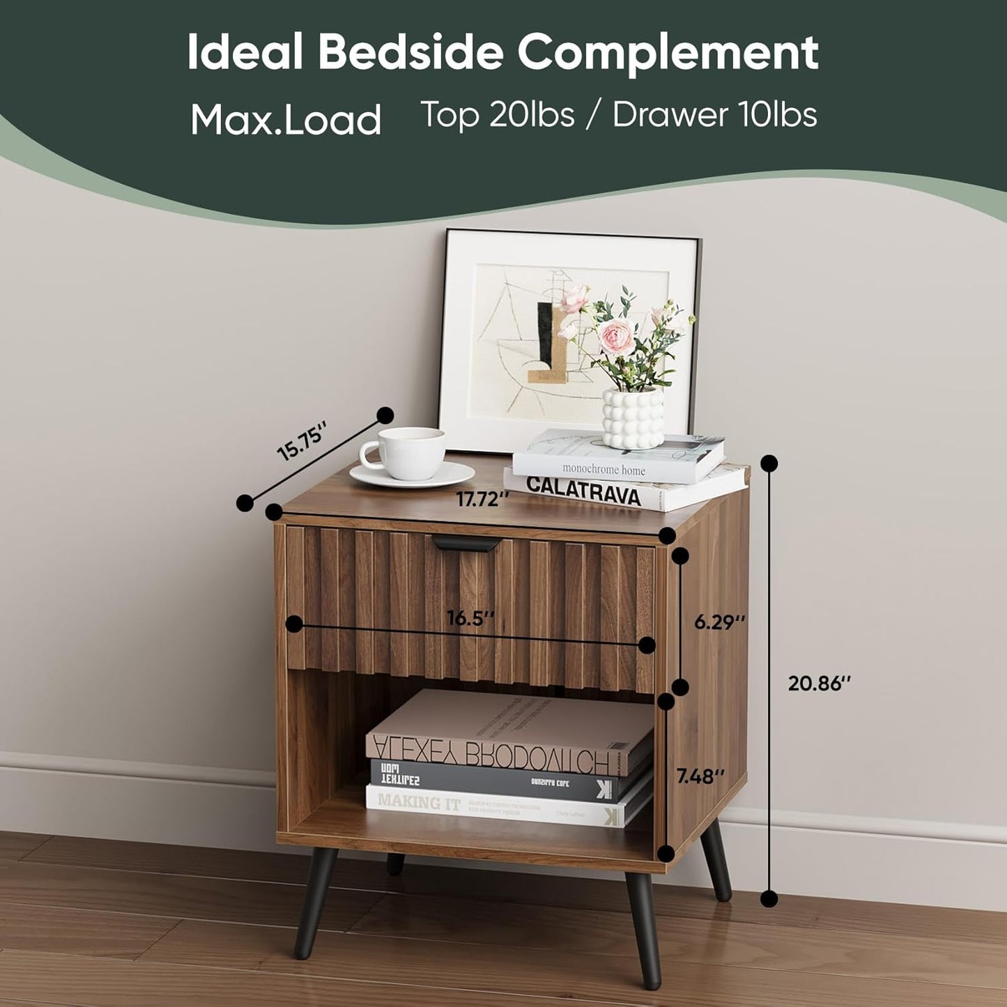 Nightstands, Walnut Fluted Night Stand, Mid Century Modern Nightstand, Bedside Table with Seamless Slatted Drawer, End Tables Bedroom with Metal Legs, Night Stand for Bedroom