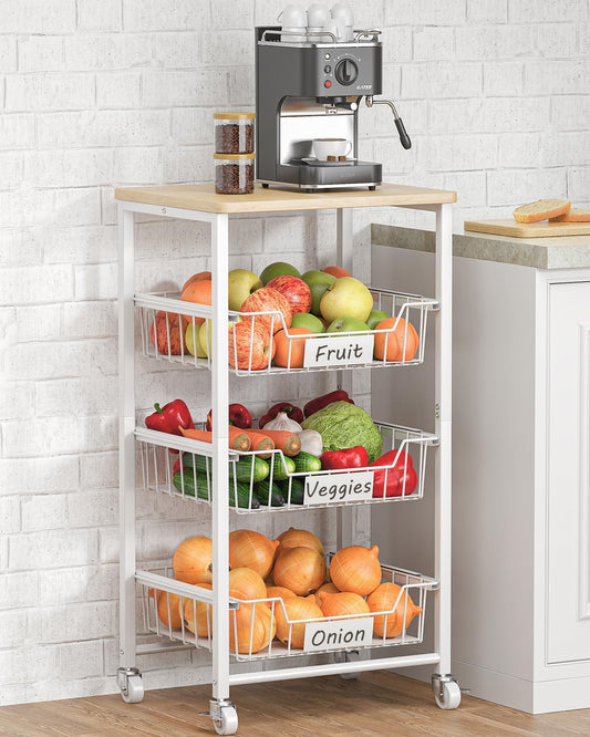 Fruit Vegetable Basket for Kitchen Pantry Storage Organizer, 4-Tier Metal Utility Kitchen Rolling Cart on Wheels with Drawer Rack and Wood Top for Potatoes Onions