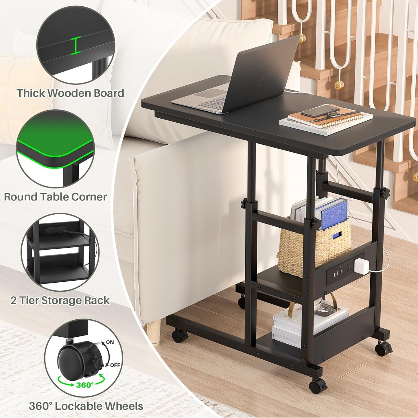 Height Adjustable End Table with Charging Station, Mobile C Shaped Laptop Side Table with Wheels, 3-Tier Sofa Couch Table with Storage Shelve for Living Room Bedroom, Black