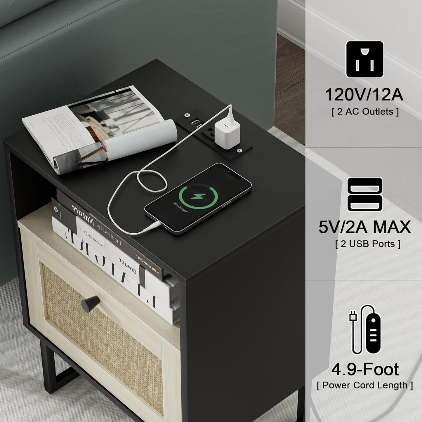 Masupu Boho Night Stand, Small Rattan Side Table, Wood Nightstand with Drawer and Charging Station, Bedside Table with White Shelf, End Table for Bedroom,Living Room,Office (Black Mix White)