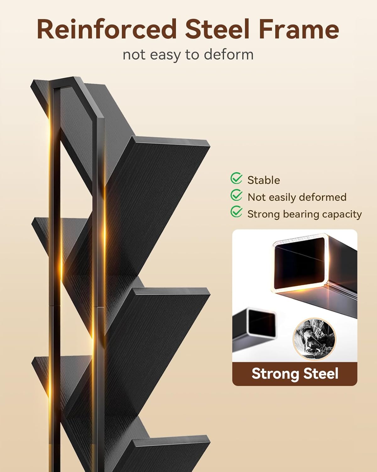 Casaottima 6-Tier Tree Bookshelf — Narrow Floor Standing Bookcase, Tall Steel & Wood Book Organizer Shelf with Cabinet, Home Decor for Living Room/Bedroom/Home Office, Black