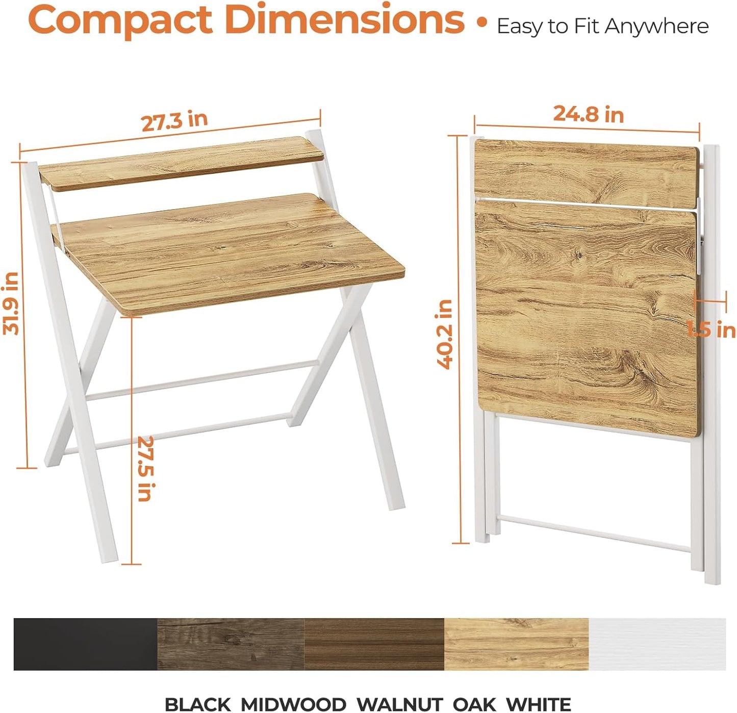 GreenForest Portable Small Desk No Assembly, 2-Tier Compact Computer Desk with Shelf, Space Saving Foldable Table for Home Office, Bedroom or Apartment, Portable Collapsible Sturdy Laptop Desk, Oak