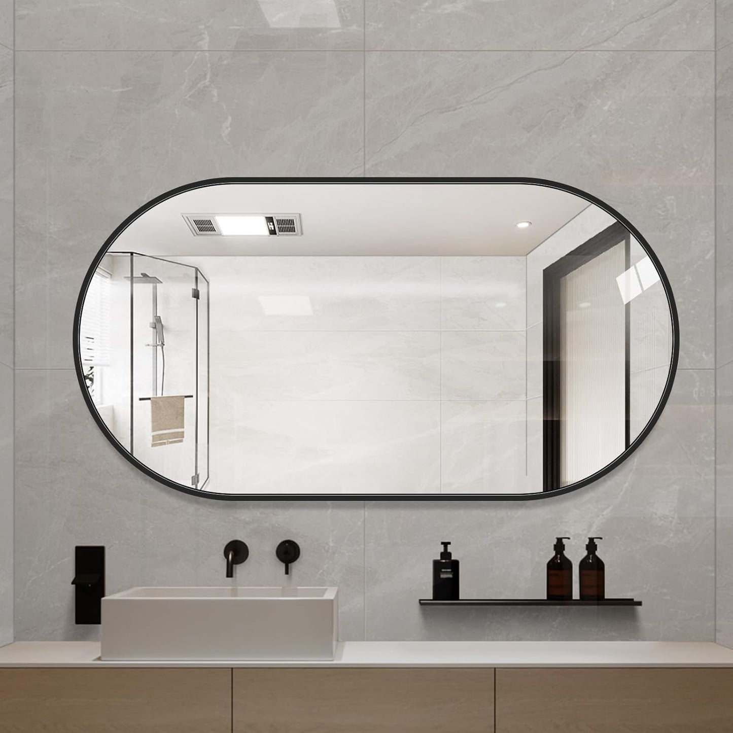 LAIYA 36x24inch Oval Wall Bathroom Mirror with Black Aluminum Frame,Wall Mounted Oval Vanity Mirrors， Explosion-Proof Glass, Waterproof Design, Easy Installation，Horizontally/Vertically