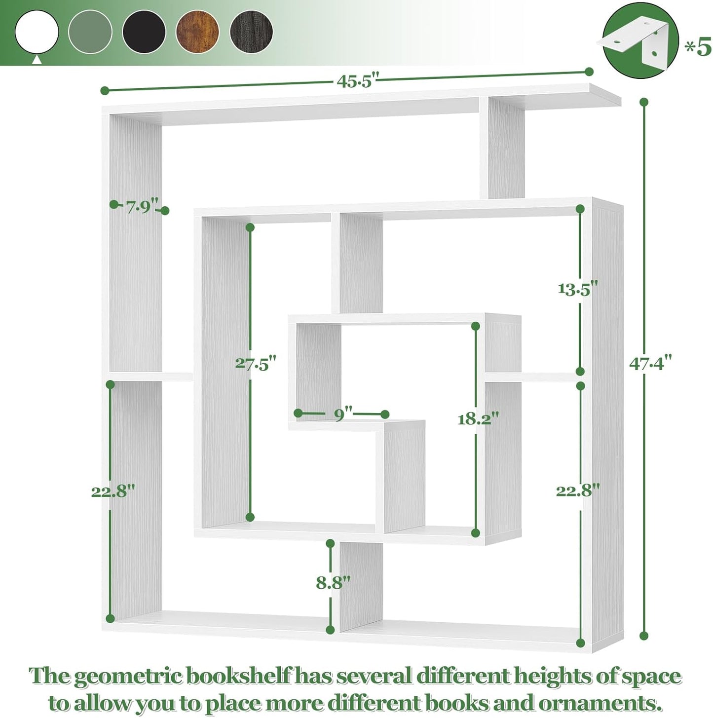 Armocity 6 Tier Display Book Shelf Wall Mounted Bookshelf Freestanding Geometric Bookcase Floating Book Shelves for Wall Bedroom Living Room Home Office, 45.5"(W) * 47"(H), White