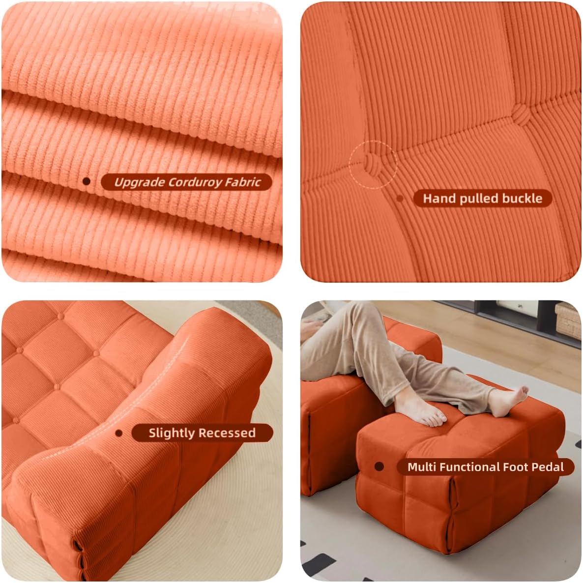 Bean Bag Chair - Memory Foam Bean Bag Chair for Adults, Comfy High-Resilience Single Sofa, Small Space Floor Chair, Chaise Lounge for Living Room, Bedroom (Orange, Square + Ottoman)
