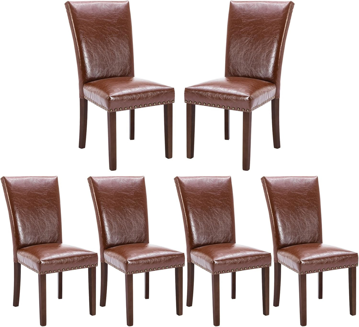 COLAMY Upholstered Parsons Dining Chairs Set of 6, PU Leather Dining Room Kitchen Side Chair with Nailhead Trim and Wood Legs - Light Brown