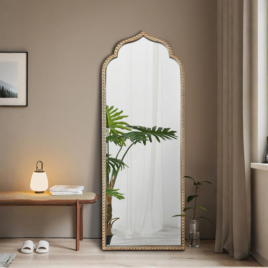 Large Arch Mirror, 20"x53" Gold Arched Floor Mirrors for Dressing, Metal Beaded Frame Decorative Vintage Mirror, Scalloped Full Length Mirrors for Living Room Bedroom Hallway Entryway