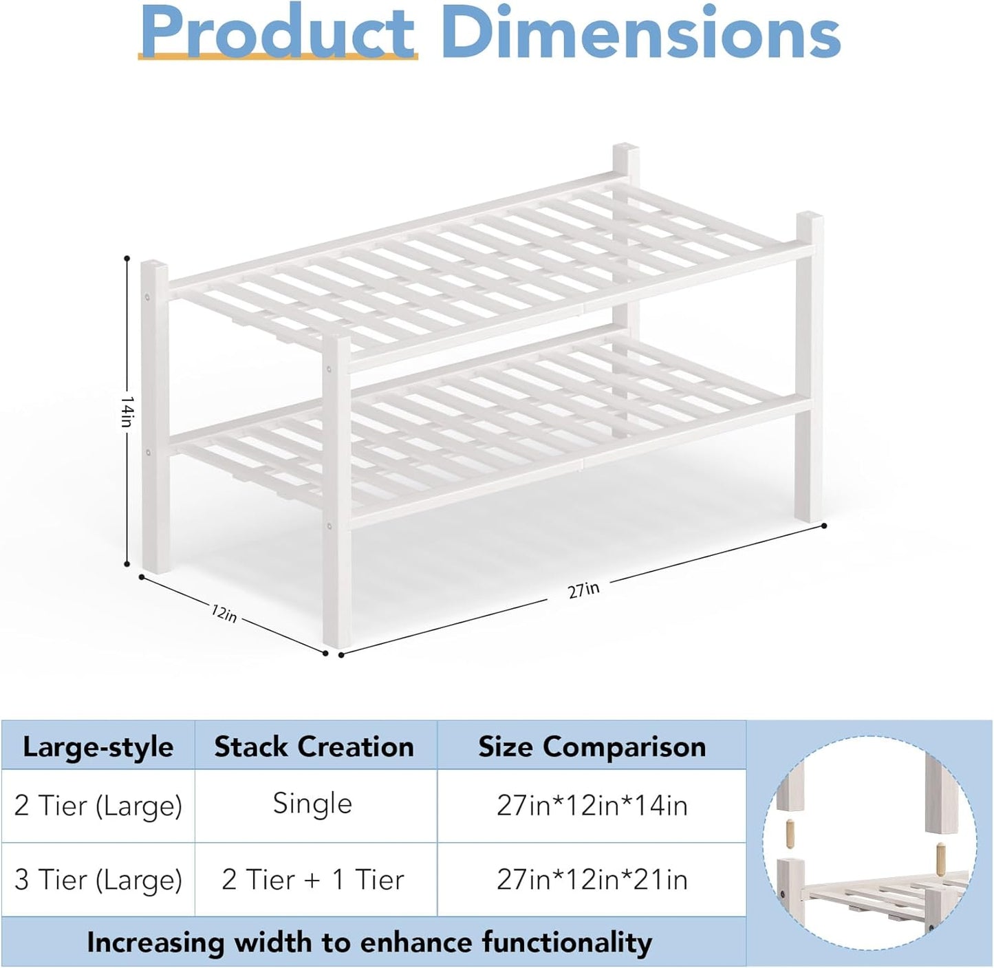 Haddockway Large 2 Tier Bamboo Shoe Rack Storage Organizer, Multifunctional Free Standing Stackable Shoe Shelf with Grid Panel for Closet,Hallway,Entryway,Small Space 27"x12"x14"(White, 2-Tier(Large))