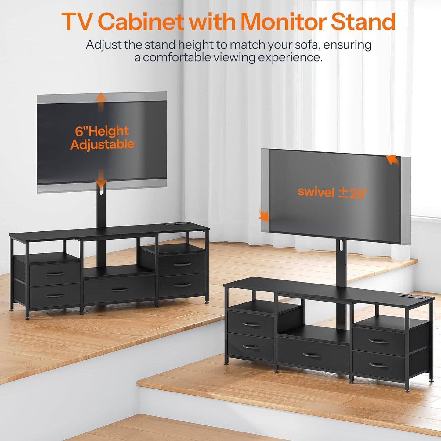 HOOBRO TV Stand with Mount and Power Outlet, for 32/45/55/60/65 inch TVs, Swivel Led Entertainment Center with Drawers, Adjustable Media Console for Living Room, Bedroom, Black BB130UDDS01