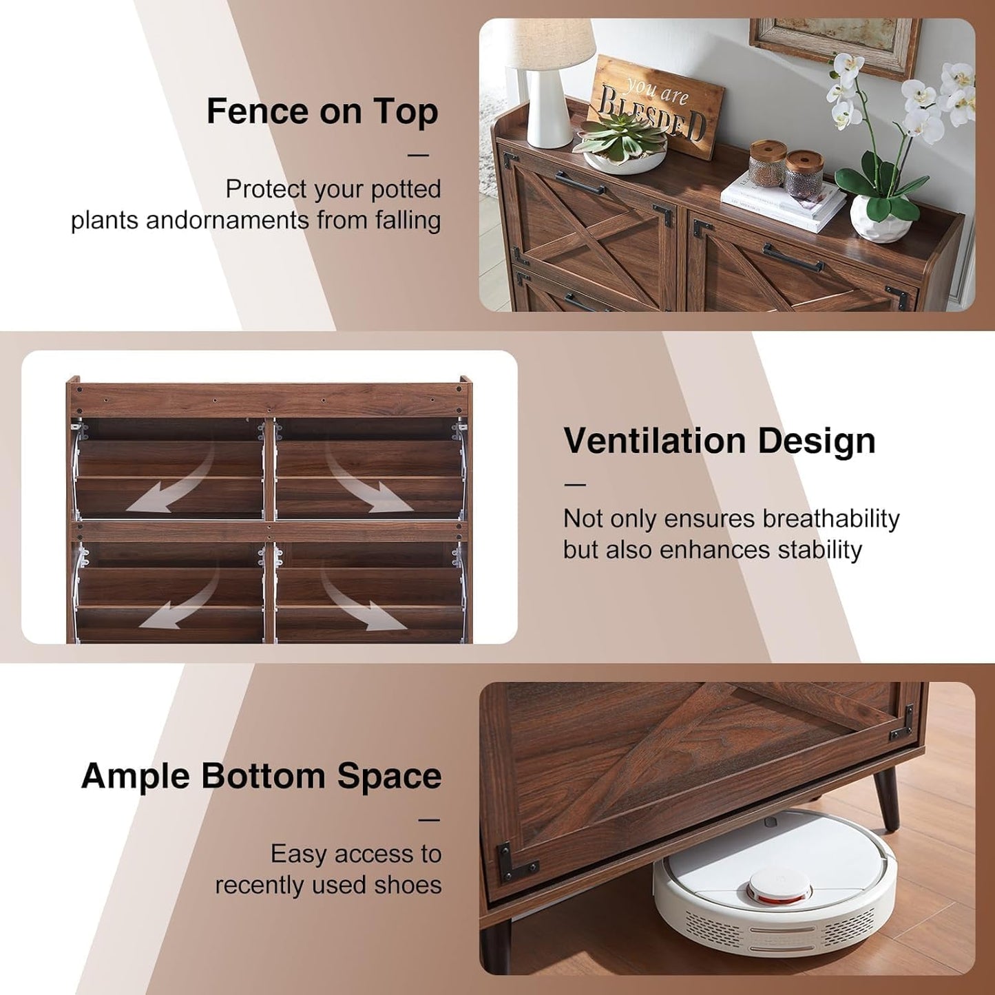 Shoe Storage Cabinet,Farmhouse Shoe Organizer with 4 Flip Drawers & Barn Door Design,Freestanding Hidden Slim Narrow Shoe Rack Cabinet for Entryway,Foyer,Hallway,Walnut