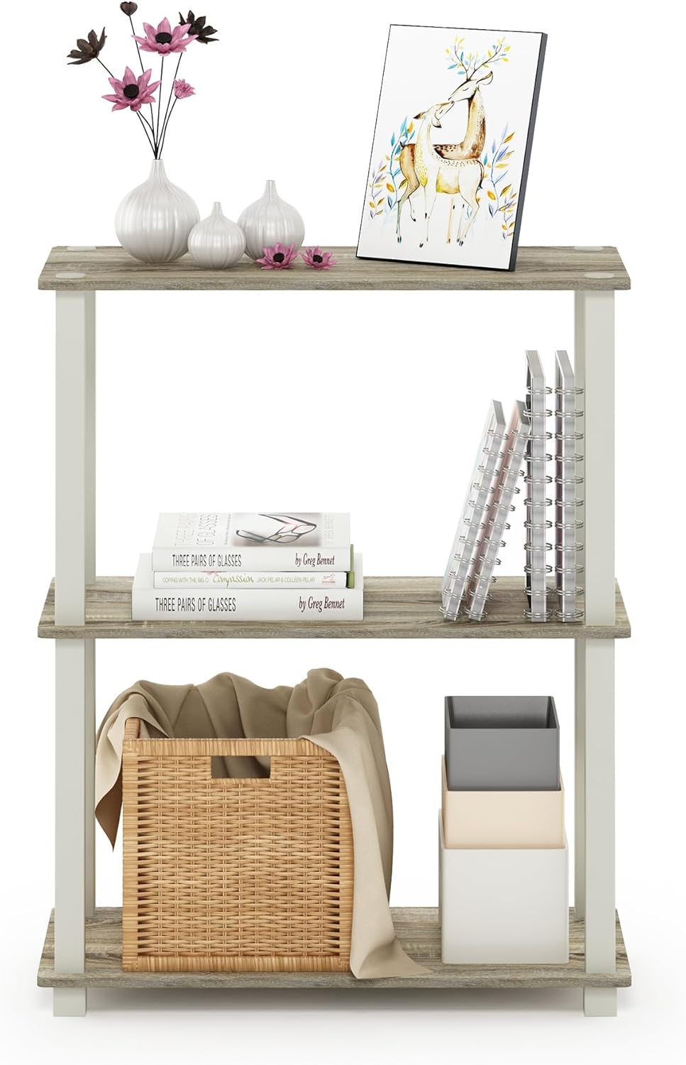 Furinno Turn-S-Tube 3-Tier Compact Multipurpose Shelf Display Rack with Square Tube, Sonoma Oak/White