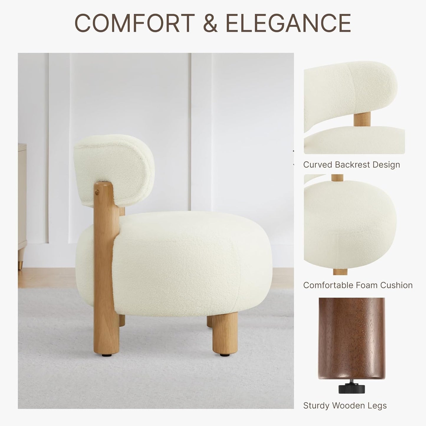 Modern Boucle Accent Chair, with Plush Faux Sherpa Upholstery, Curved Backrest, Solid Wood Legs for Living Room Bedroom Reading Nook, 27.5", White
