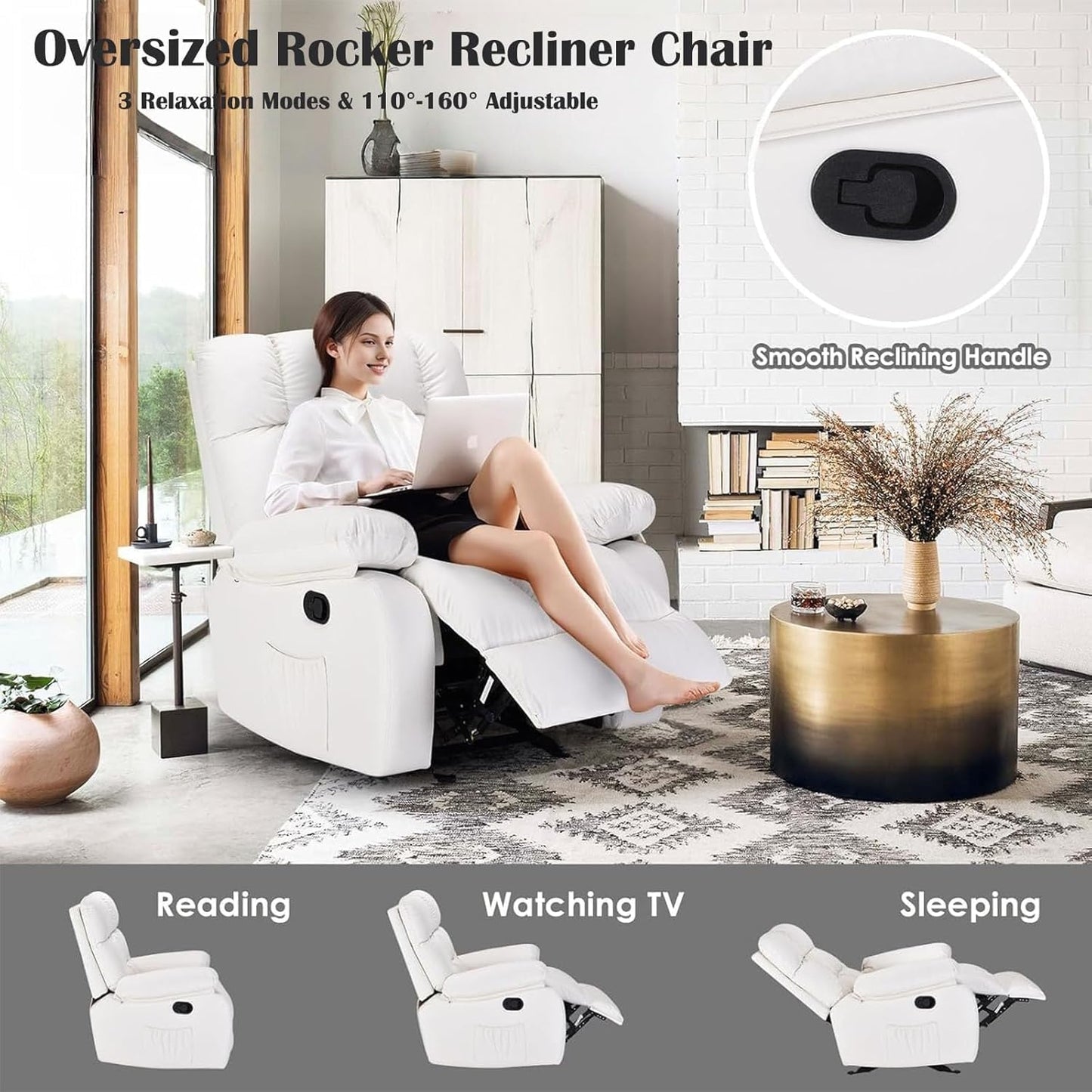 Oversized Recliner Chair, Leather Recliner Adjustable with Side Pockets, Living Room Reclining Lounge Chair for Adults, Small Spaces Comfy Sofa with Theater Seating for Bedroom, Movie,White