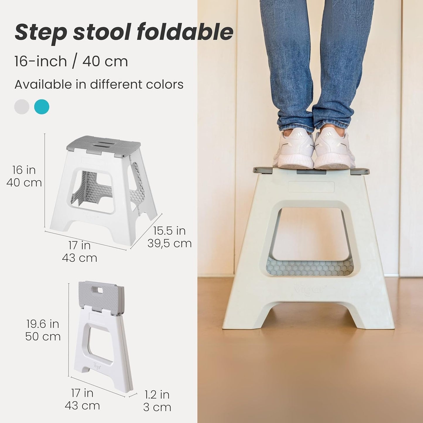 Vigar Compact Step Stool Foldable, 16-inch Step Stools for Adults up to 330 Pound, Lightweight Stool, Non-Slip Folding Step Stool, Gray