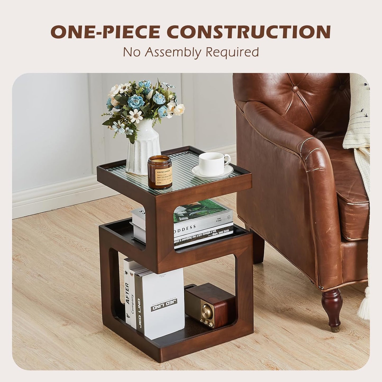 CozyDH 3-Tier End Table No Assembly Required, Modern Side Table 3-Tier Wood Nightstand for Small Spaces with Open Storage, Walnut Bedside Table for Bedroom