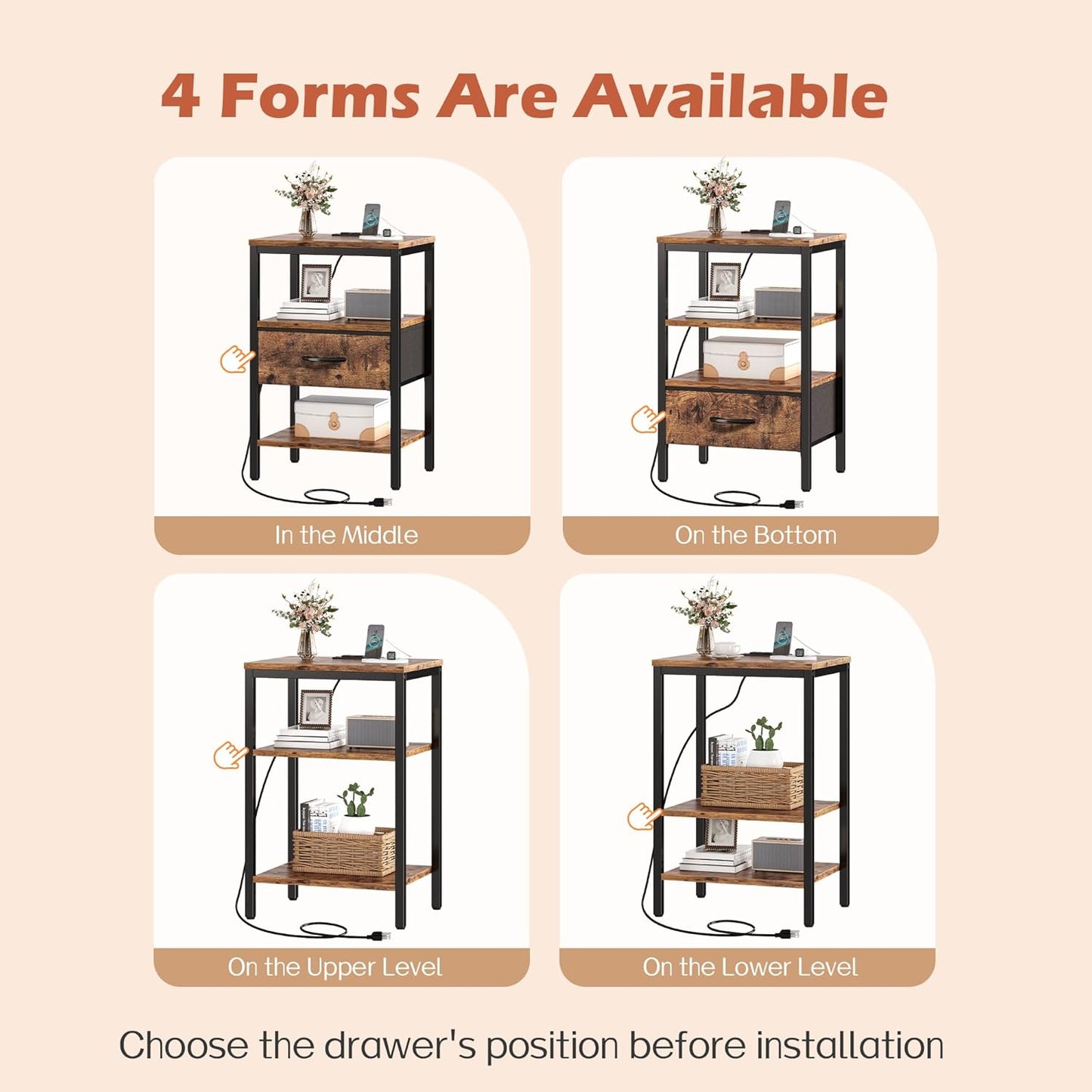 SUPERJARE Nightstand Set of 2, Bed Side Tables with Charging Station, Adjustable Fabric Drawer, Night Stand for Bedroom, 3-Tier Storage End Tables, for Living Room, Rustic Brown