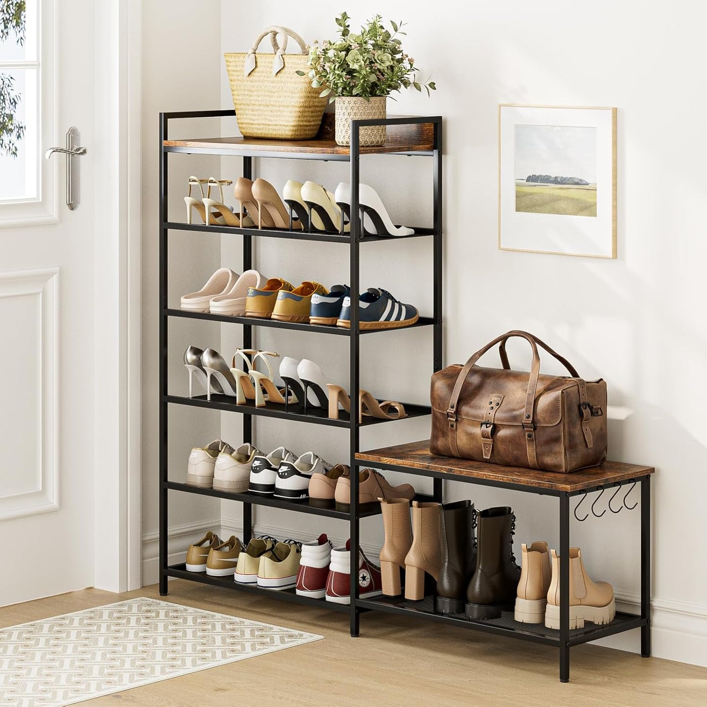 Shoe Rack Bench Storage Organizer for entryway,6-Tier Industrial Free Standing Shoe and Boot Racks with Seat,Entrance Shoe Rack Organizer Shelves for High Heels,Hallways, Closets,Brown,48.7in