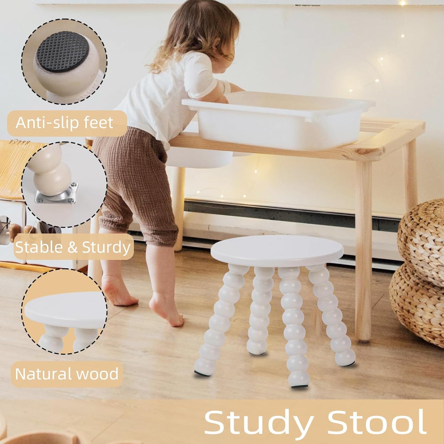Solid Wooden Step Stool for Adults, 10 inch Stool for Kids Perfect Matched Sensory Table, Sturdy and Versatile Short Foot Stool for Bathroom, Kitchen, Bedroom, Plant Stand Natural (1, White)