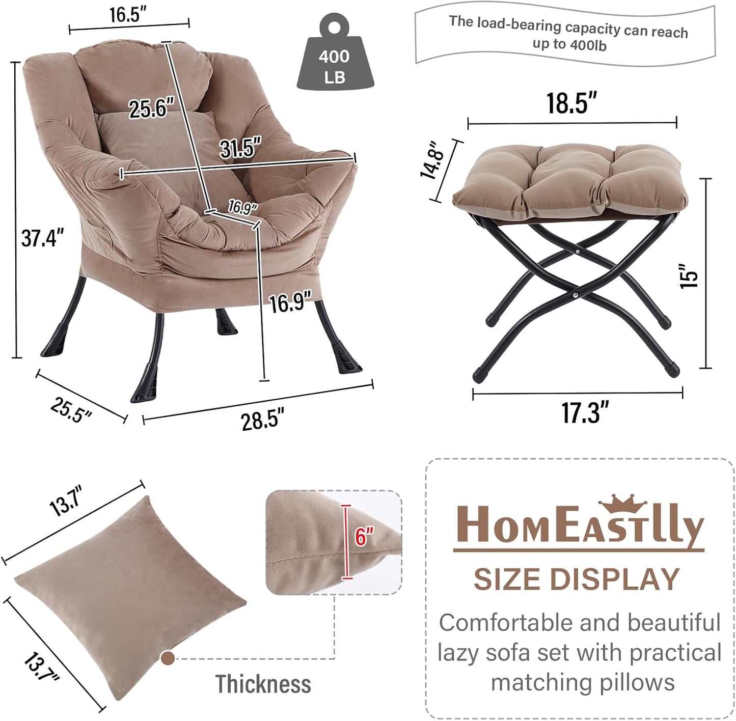 Lazy Chair with Ottoman, Reading Chair with a Pillow, Leisure Sofa Armchair with Ottoman, Large Accent Lounge Chair for Bedroom, Living Room, Dorm Room, Velvet Khaki