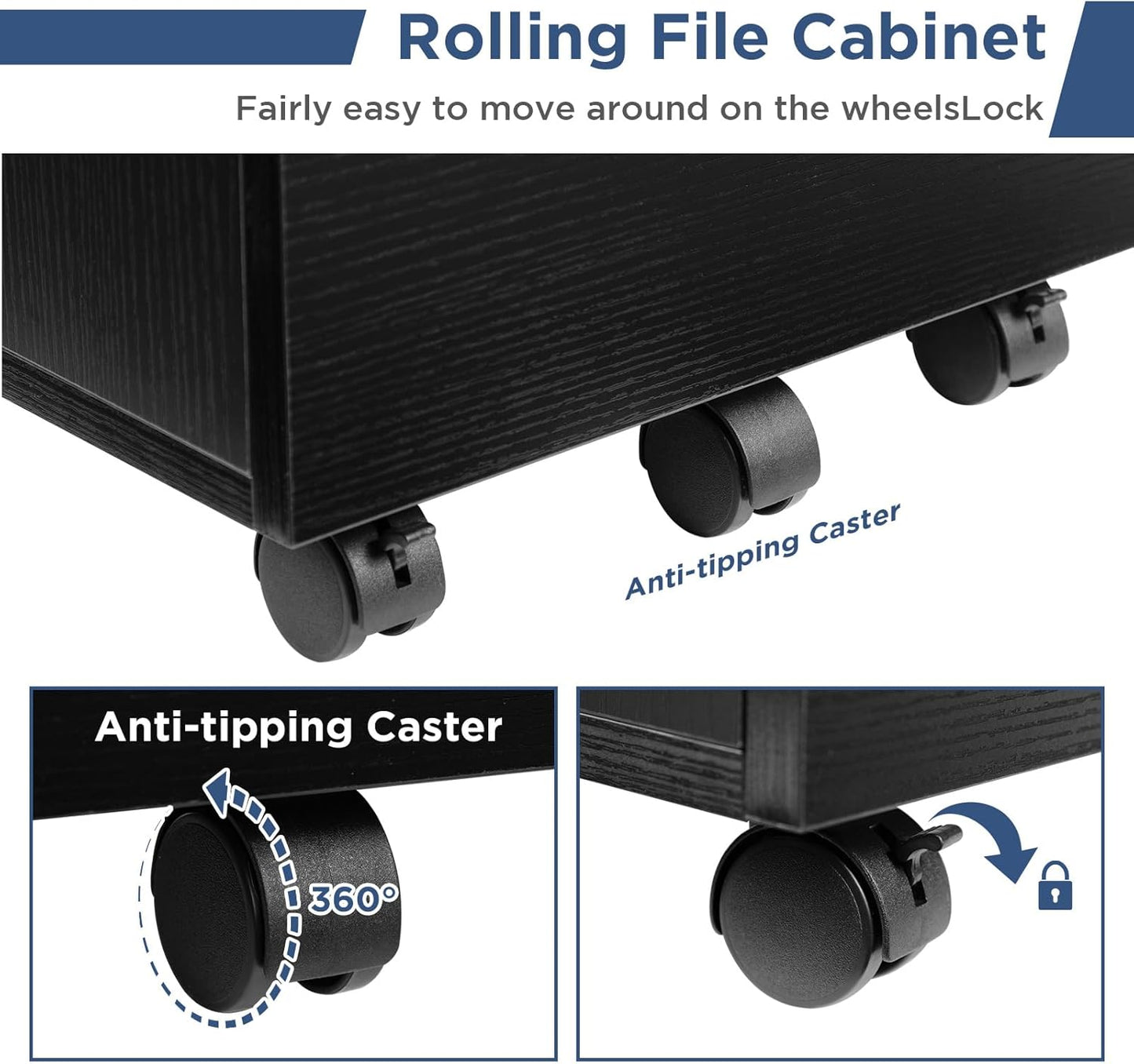 HollyHOME File Cabinet, 2 Drawers Filing Cabinet for Home Office, with Wheels, for A4, Letter Sized Documents, Hanging File Folders,Black