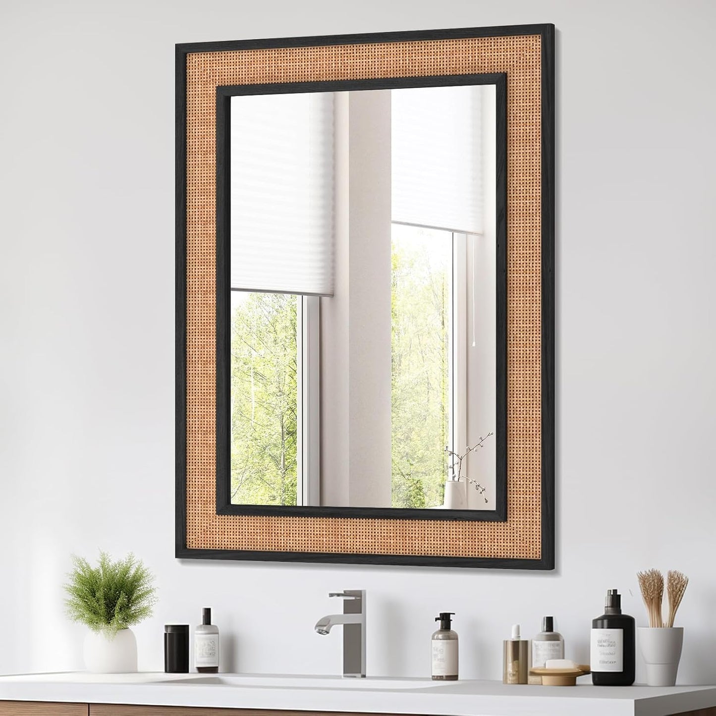 Rattan Wall Mirror with Wooden Framed 24 X 32 inch Farmhouse Rectangle Wood Mirror for Modern Decorative Bathroom, Living Room, Entryway, Bedroom (Black)