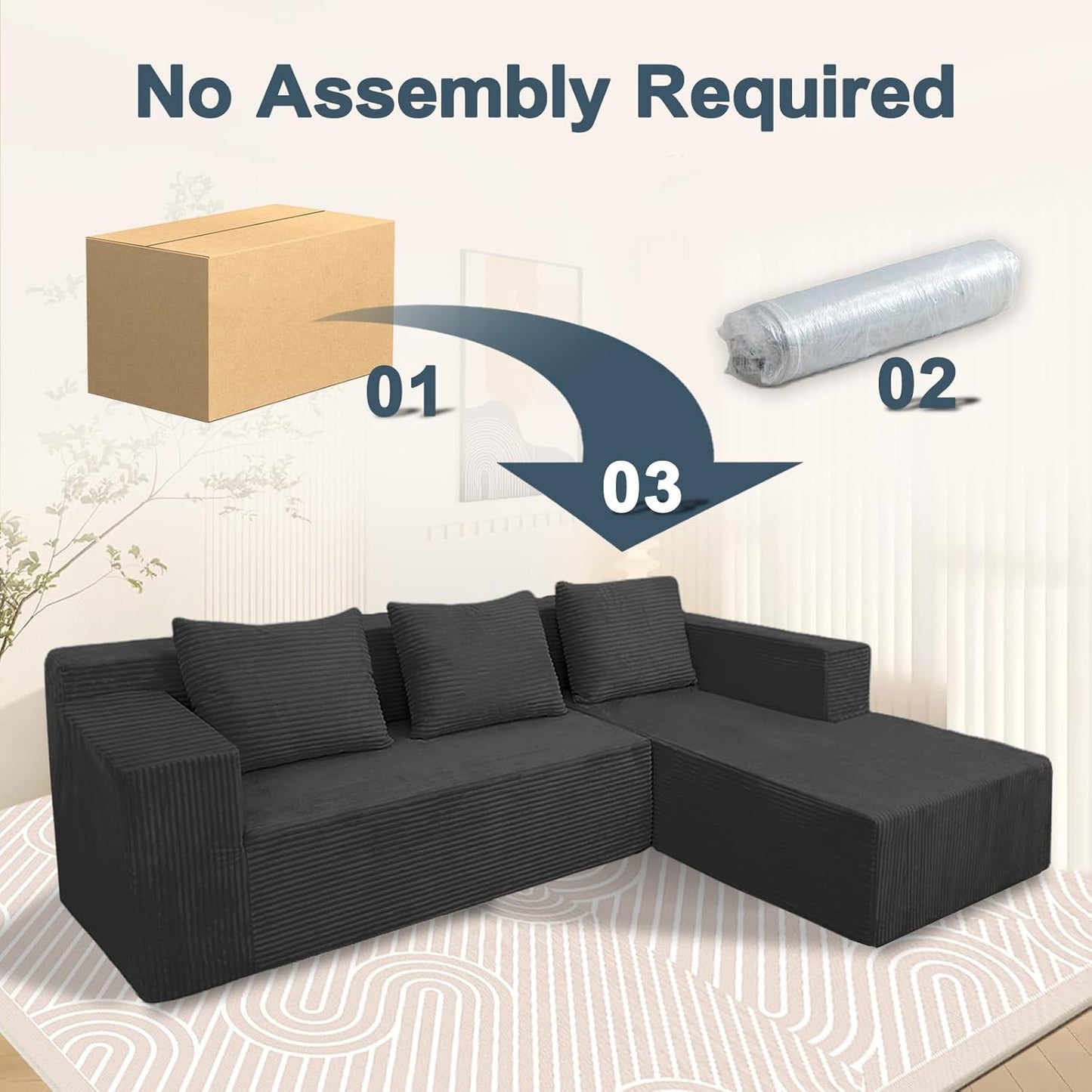 ANONER 103" Cloud Sectional Couch with L-Shape Chaise, Modern Minimalist Modular Sofa with Deep Seat, Free Combination Cloud Couches for Living Room Apartment, No Assembly Required, Dark Grey