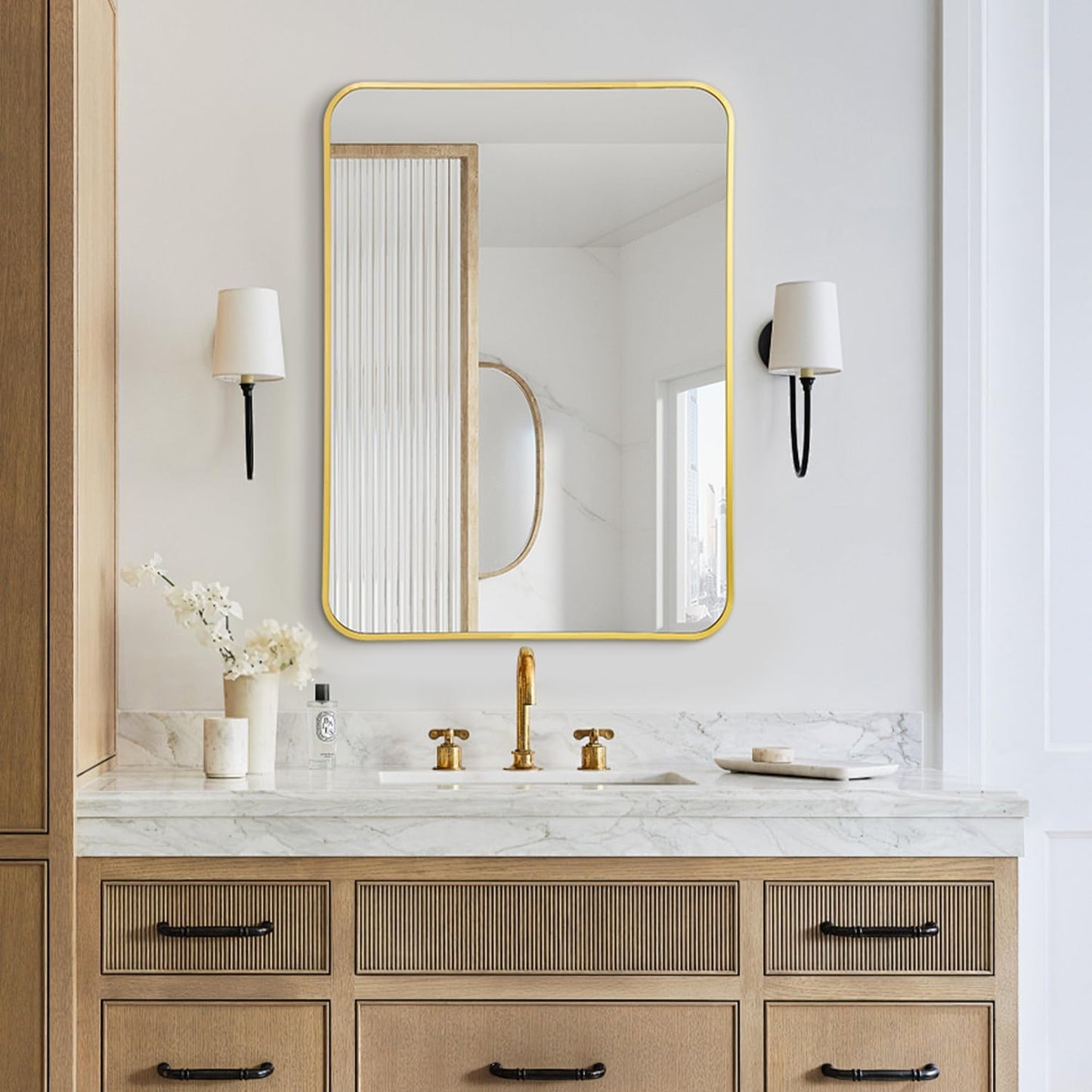 24x36 Rounded Rectangle Bathroom Mirrors for Over Sink, Glod Vanity Mirror with Metal Frame Wall Mounted, Modern Farmhouse Mirror for Restroom, Bedroom, Entryway Decor