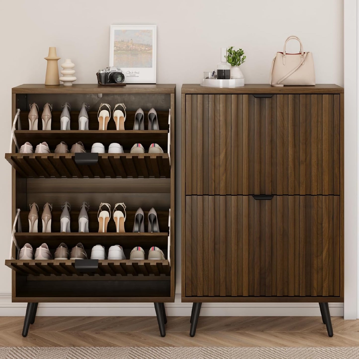 Smuxee Shoe Cabinet with 2 Flip Drawers, 23.6" Walnut Hidden Shoe Storage Cabinet with Fluted Design, Freestanding Shoe Organizer Cabinet for Entryway, Hallway, Closet, Living Room