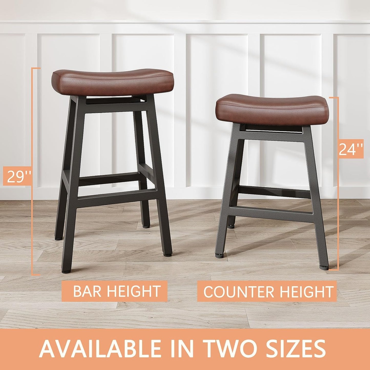 29 Inches Bar Stools Set of 2, Bar Height Barstools for Home Counter, Blackless Barstool with Bonded Leather Saddle Seats & Heavy Duty Metal Legs, Easy Assembly, Brown/Black