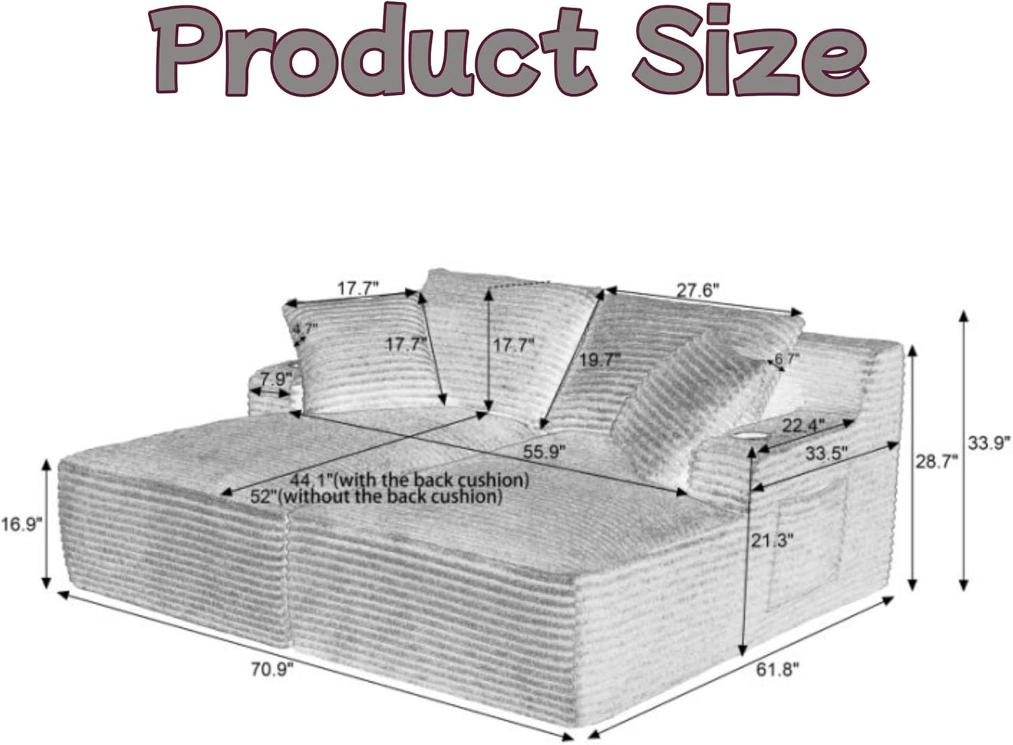 Oversized Sectional Double Chaise Lounge, Compressed Boneless Lounge Chaise with Cupholders, Boneless Sofa with Deep Seat, Fluffy Modern Sleeper Loveseat for Indoor Living Room, Dark Grey