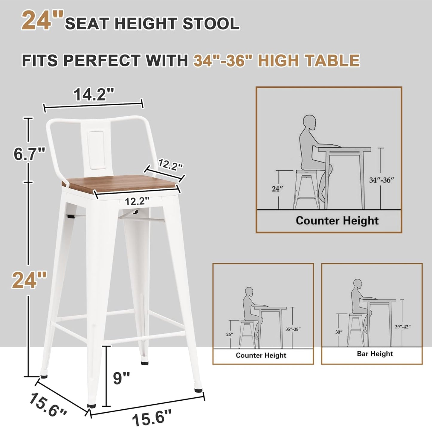 24 Inch Swivel Bar Stools Set of 4 with Backs Counter Height Industrial Metal Barstools Island Bar Chairs for Home Kitchen Dining Room (Swivel 24 inch, White Wooden)